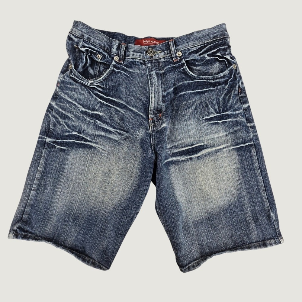 Brooklyn Xpress Mens Blue Denim Shorts Size 36 Relaxed Fit Whiskered Streetwear